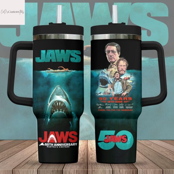 Jaws 50 Years 1975-2025 Signature Thank You For The Memories Tumbler With Handle And Straw
