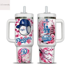 Los Angeles Dodgers Cherry Blossom Lets Go Dodgers Tumbler With Handle And Straw