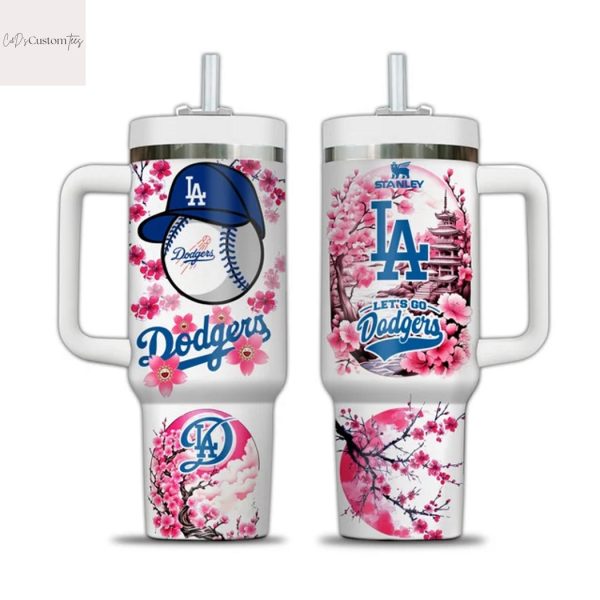 Los Angeles Dodgers Cherry Blossom Lets Go Dodgers Tumbler With Handle And Straw