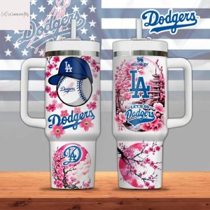 Los Angeles Dodgers Cherry Blossom Lets Go Dodgers Tumbler With Handle And Straw