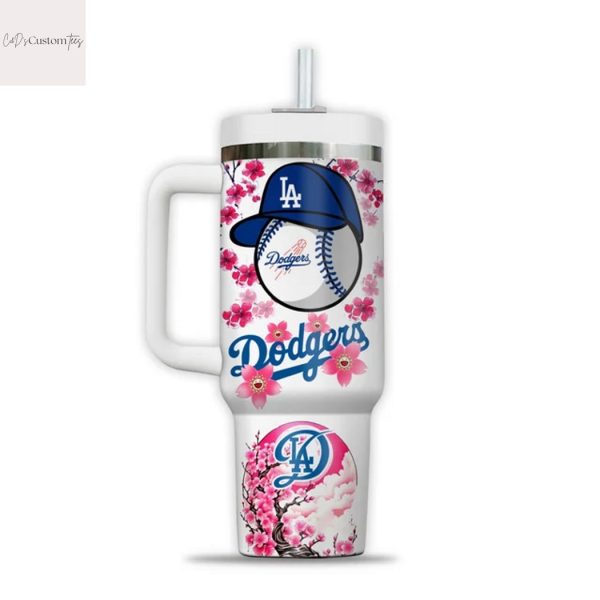 Los Angeles Dodgers Cherry Blossom Lets Go Dodgers Tumbler With Handle And Straw