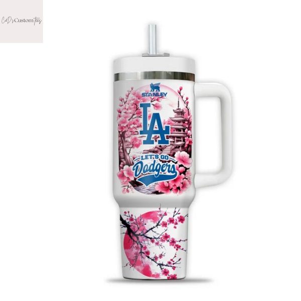 Los Angeles Dodgers Cherry Blossom Lets Go Dodgers Tumbler With Handle And Straw