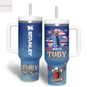 Red Whitw And Toby Keith Tumbler With Handle And Straw