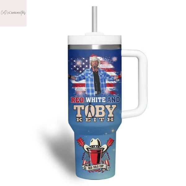 Red Whitw And Toby Keith Tumbler With Handle And Straw