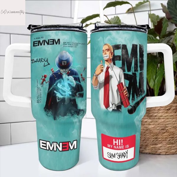 Eminem Hi My Name Is Slim Shady Design Tumbler With Handle And Straw
