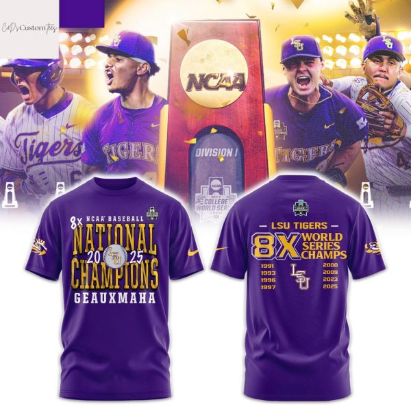 LSU Tigers Baseball 2025 NCAA Baseball Men College 8x World Series Champions 3D T-Shirt
