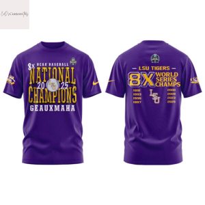 LSU Tigers Baseball 2025 NCAA Baseball Men College 8x World Series Champions 3D T-Shirt