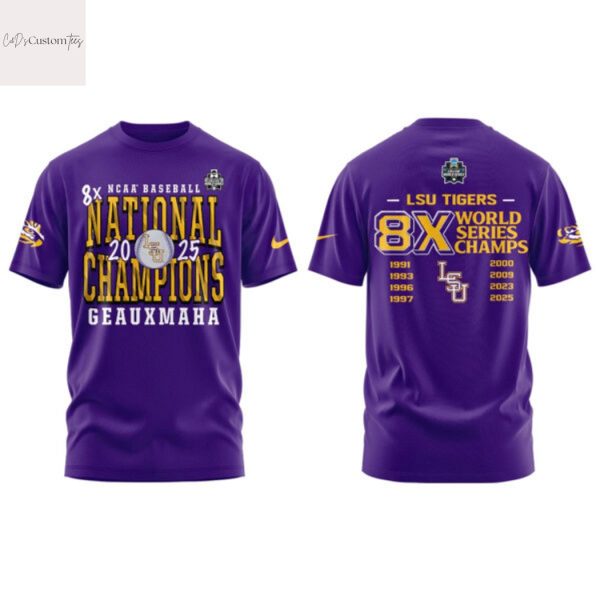 LSU Tigers Baseball 2025 NCAA Baseball Men College 8x World Series Champions 3D T-Shirt