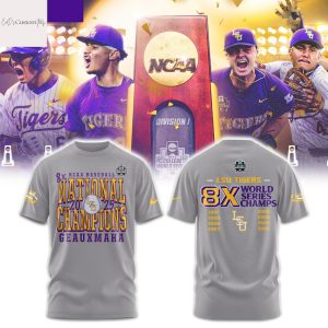 LSU Tigers Baseball 2025 NCAA Baseball Men College 8x World Series Champions 3D T-Shirt – Grey