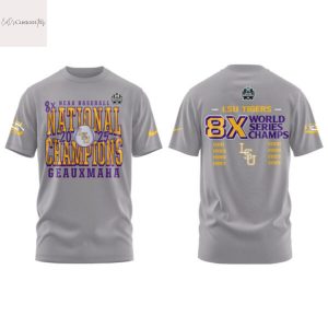 LSU Tigers Baseball 2025 NCAA Baseball Men College 8x World Series Champions 3D T-Shirt – Grey