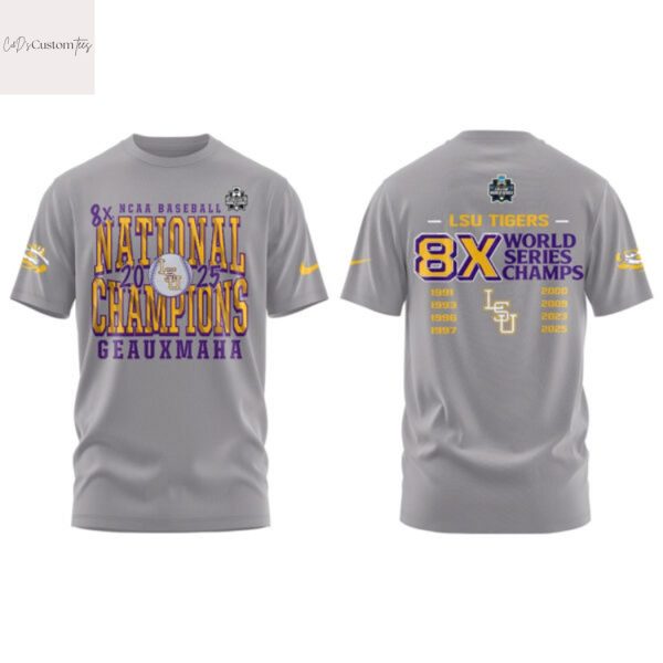 LSU Tigers Baseball 2025 NCAA Baseball Men College 8x World Series Champions 3D T-Shirt – Grey