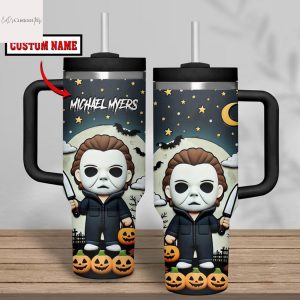 Personalized Michael Myers Halloween Tumbler With Handle And Straw