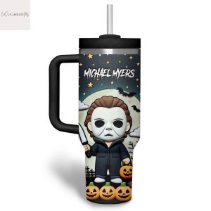 Personalized Michael Myers Halloween Tumbler With Handle And Straw