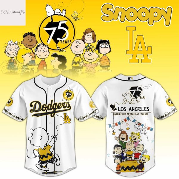 Los Angeles Dodgers Happiness 75 Years Peanuts Design Baseball Jersey