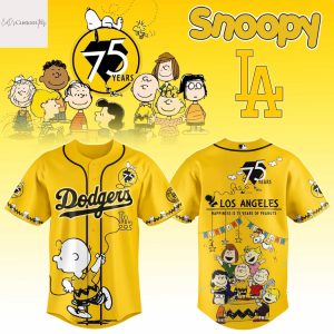 Los Angeles Dodgers Happiness 75 Years Peanuts Design Baseball Jersey – Gold