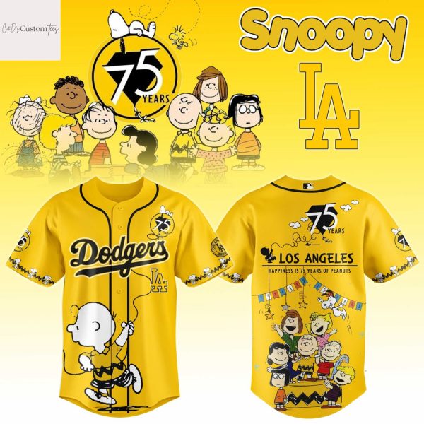 Los Angeles Dodgers Happiness 75 Years Peanuts Design Baseball Jersey – Gold