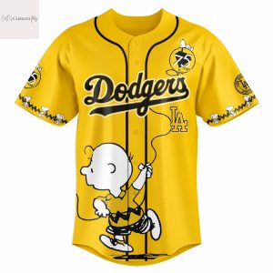 Los Angeles Dodgers Happiness 75 Years Peanuts Design Baseball Jersey – Gold