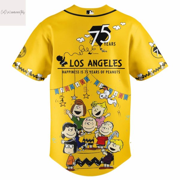 Los Angeles Dodgers Happiness 75 Years Peanuts Design Baseball Jersey – Gold